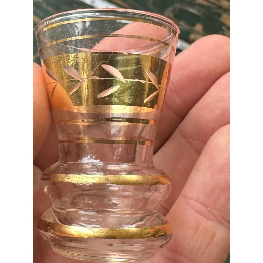 Vintage Miniature Glass Vase Gold Leaf Etched Banded Toothpick Holder 2.25 inch